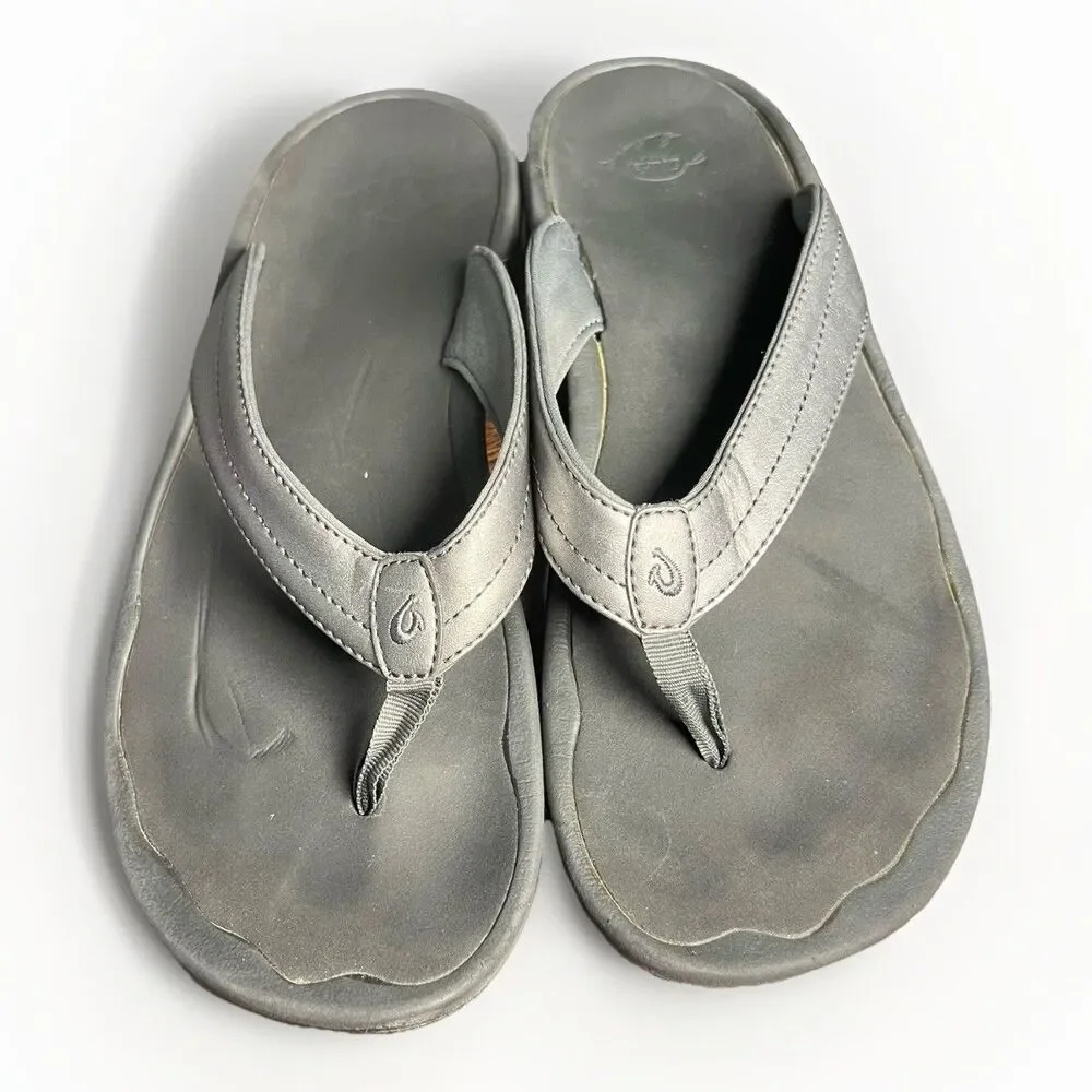 Olukai Silver Pewter‎ Leather Flip Flops Women’s 9 W